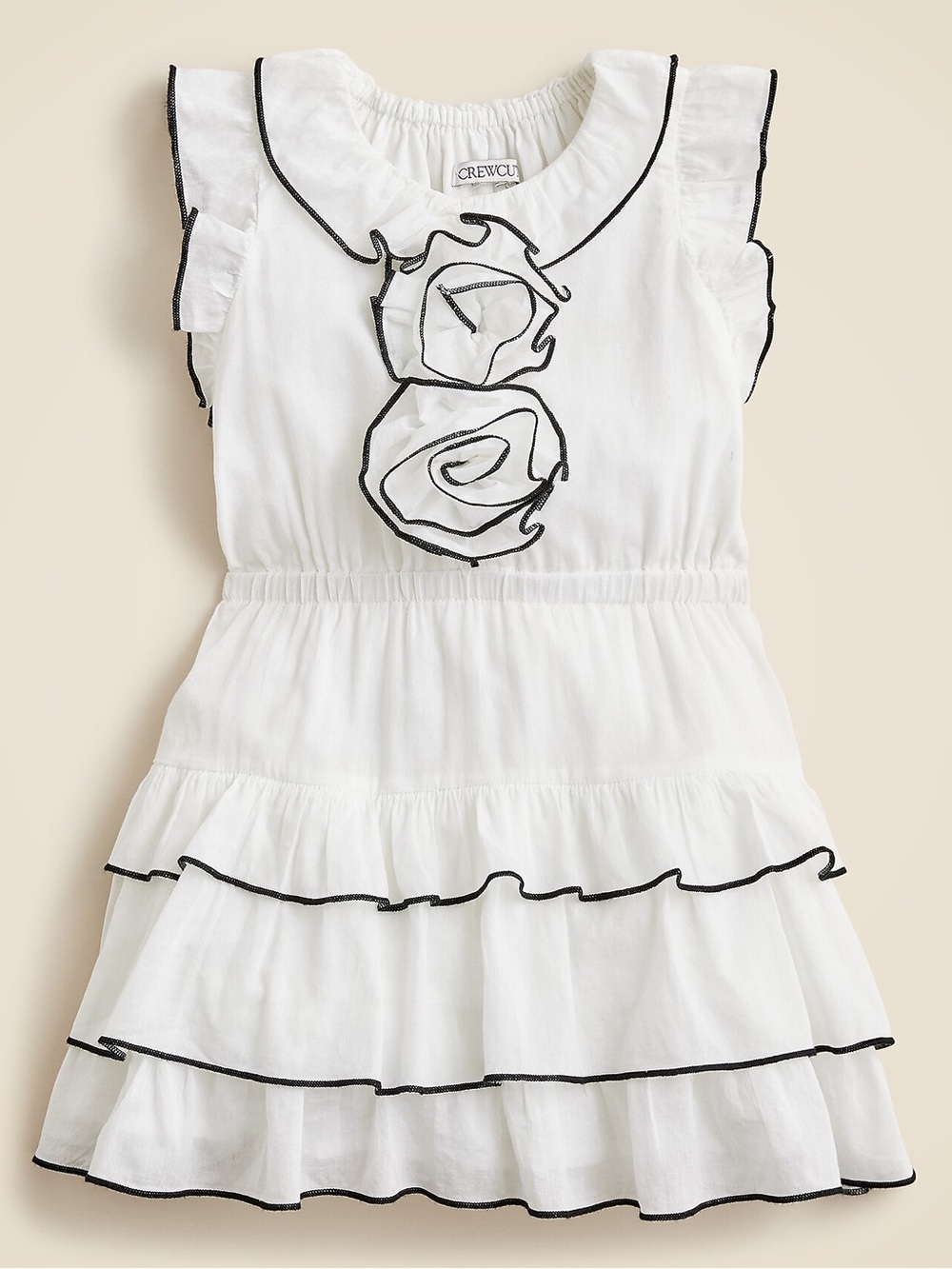 Crewcut Girls' White Rosette Ruffle Dress with Black Trim. size m